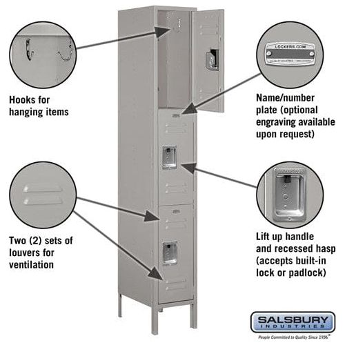 Salsbury 12" Wide Triple Tier Standard Metal Locker  12" W x 78" H x 15" D (Unassembled)