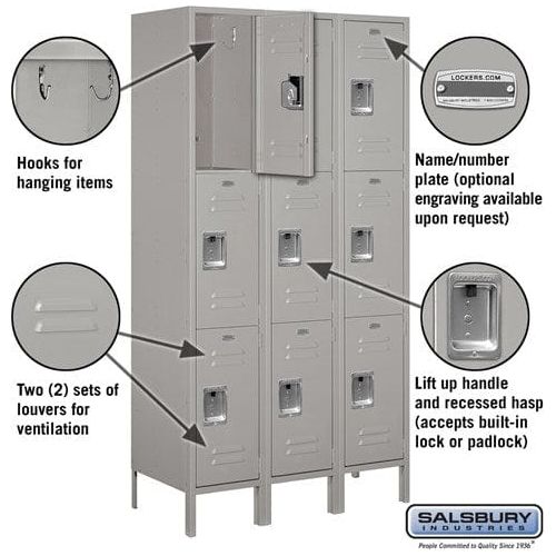 Salsbury 15" Wide Triple Tier Standard Metal Locker 45" W x 78" H x 18" D (Unassembled)